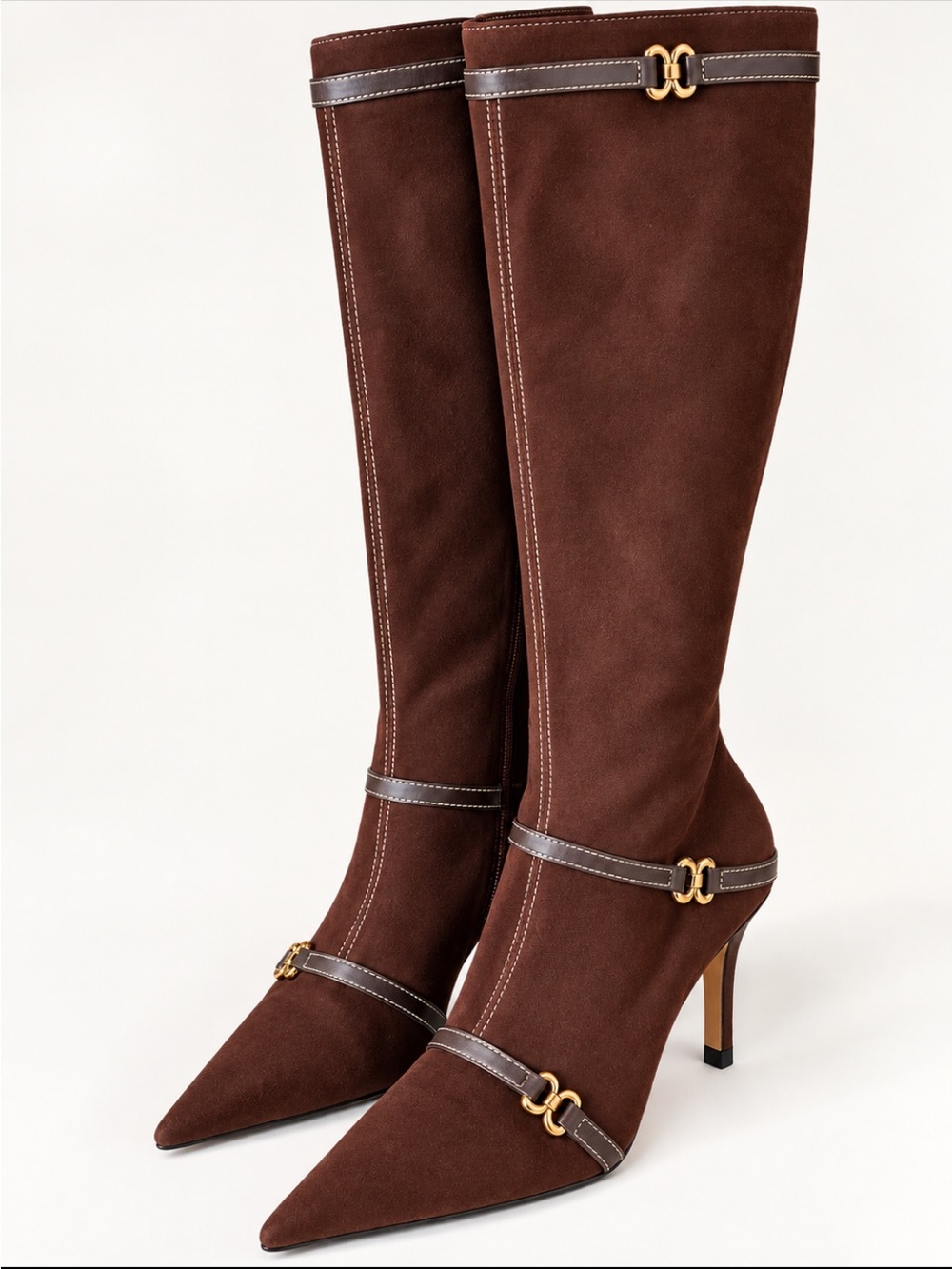 Women's Brown Suede Knee-High Pointed-Toe Heeled Boots